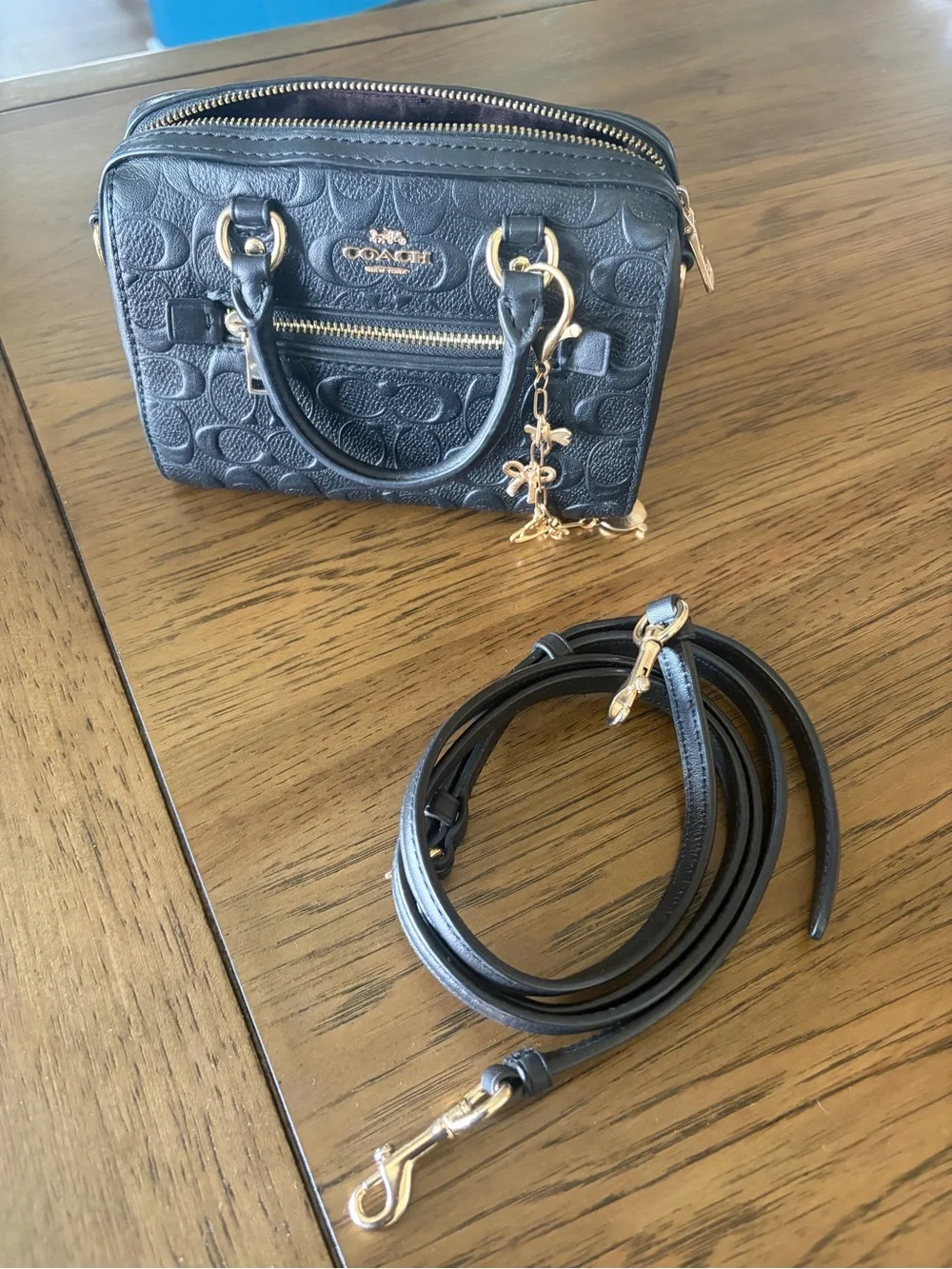 Coach Black Embossed Leather Mini Satchel with Gold Hardware and Charm